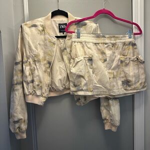 Zara co ord set: cargo bomber jacket and matching printed skirt.
